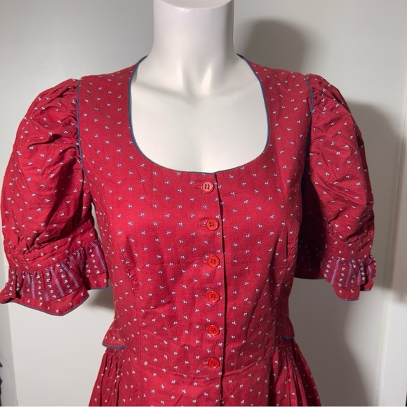Vintage 60s Alphorn Red Traditional Austrian Folk Button Dress 100% Cotton Sz 6 - Picture 2 of 13